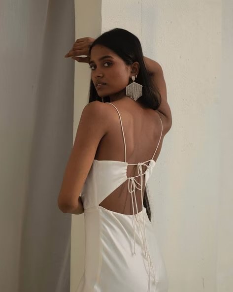 White tied back satin midi outfit